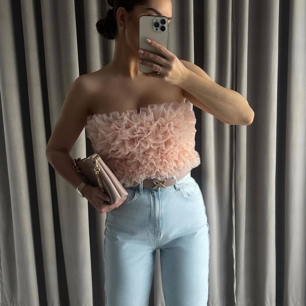 Camisoles Tanks Women's Mesh Tube Top Exposed Shoulder Corset Chic Lady Chiffon Cropped s Clubwear Sexy Party Woman Camis Female 230412