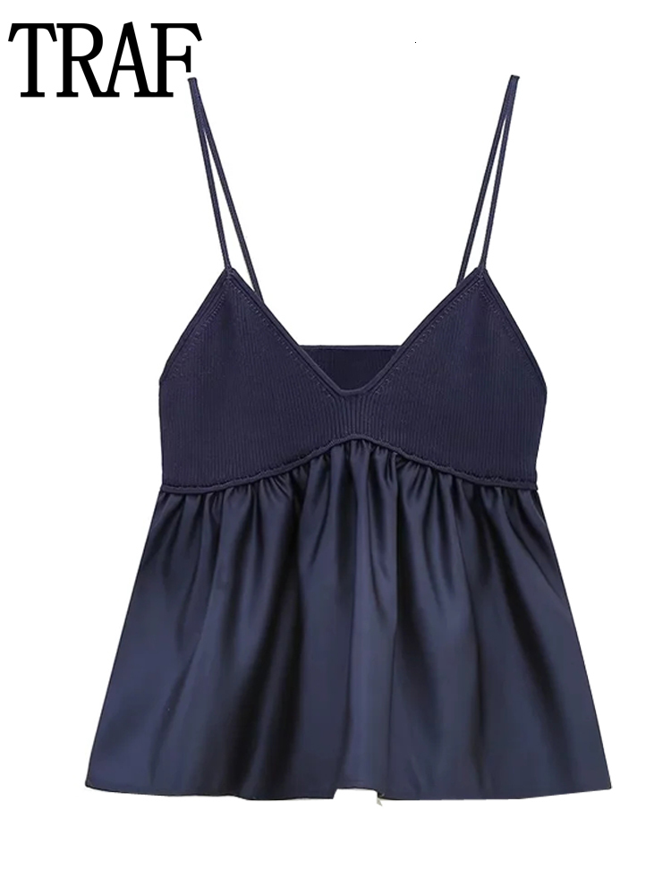 TRAF Blue Crop Women Ruffle Knitted Woman Off Shoulder Corset Top Female Streetwear Backless Sexy Tops Camisoles Tanks 230412