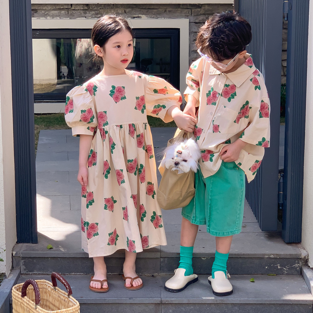 Summer Childrens Sets Peony Print Short Sleeve Shorts and Bubble Sleeve Skirt 2-piece Set S2548