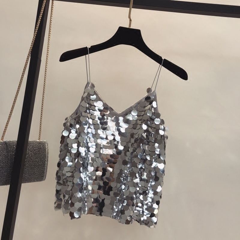 Camisoles Tanks Fashion Women Sequined Tank Top Summer Sexy V Neck Strap Club wear Girls Sequin Sleeveless Short Camisole Vest Tops 230413