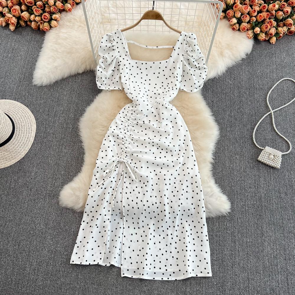 Casual Dresses Summer Women Beach Dress Fashion Square Collar Drawstring Puff Sleeve A-line Dresses Mid Length Slit Polka Dot Frock For Party230413