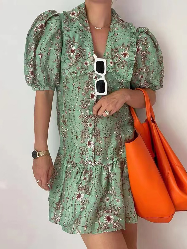 Casual Dresses Summer French Elegant Fashion Dress For Women Green Romantic Print Doll Collar Puff Sleeve Short Dress Mini Robe Ladies230413
