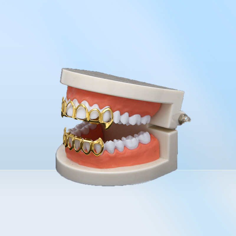 New Hip Hop Custom Fit Grill Six Hollow Open Face Gold Mouth Grillz Caps Top Bottom With Silicone Vampire teeth Set3707894