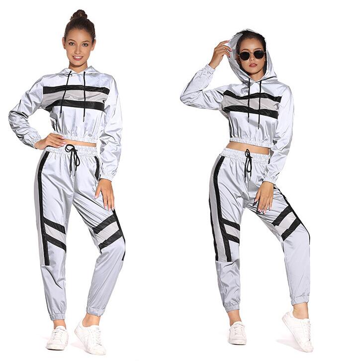 WS162 Women's Two Piece Pants long sleeve hooded Reflective jacket pullover Women's Clothing