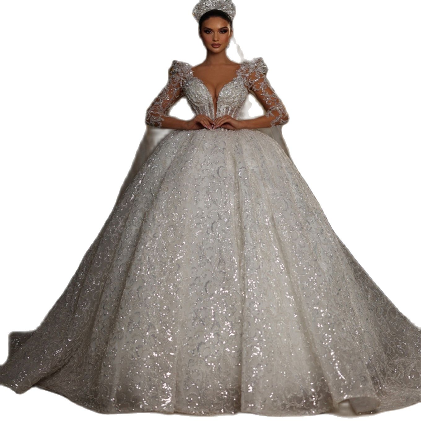 Princess Sparkly Wedding Dresses Ball Gown Illusion V Neck Long Sleeve Sequins Mariage Bridal Gowns Vestido de noiva