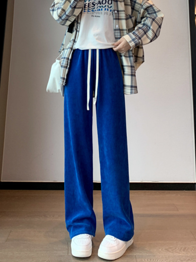 Women's Pants Capris Autumn Winter Korean Lace Up Pants Women Plus Velvet Wide Leg Pants Women's High Waist Straight Warm Loose Trousers 230