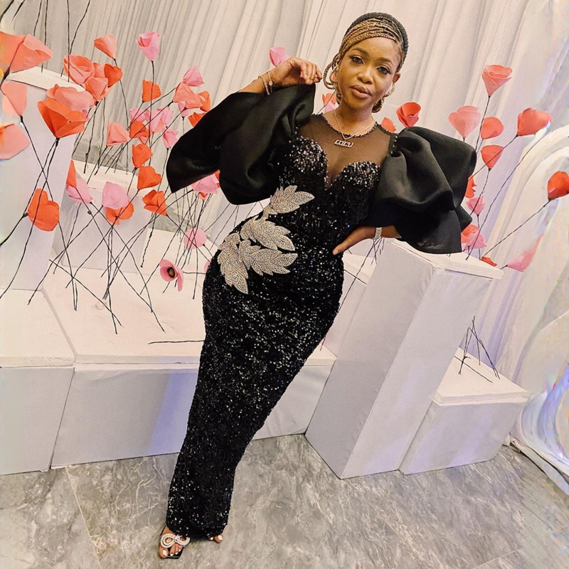 Puffy Sleeves African Prom Dress Plus Size Nigeria Lace Sequins Sheer Neck Elegant Evening Dresses Party Graducation Formal Gowns