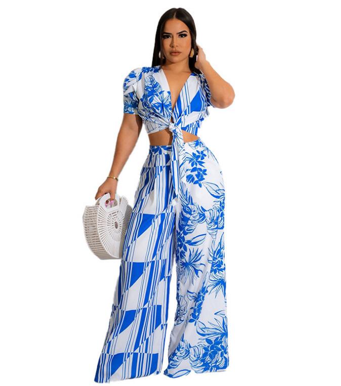 BG460 Women's Two Piece Pants short sleeve print blouse shirt tee Wide leg pants Women's Clothing