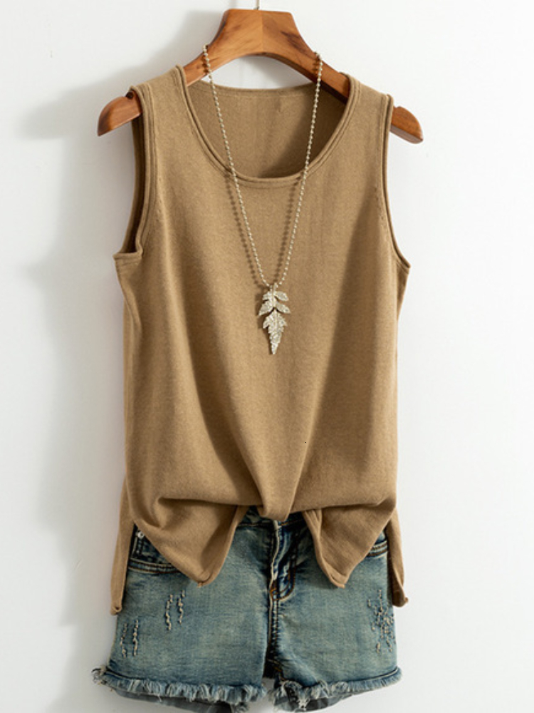 Camisoles Tanks Cotton and Linen Camisole Women's Summer I-shaped Sleeveless Knitted Bottoming Shirt Short Outer Wear Loose Top Solid 230413