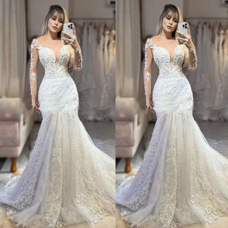 Mermaid Wedding Dresses V Neck Long Sleeves Lace Appliques Beach Bridal Gowns, White
Mermaid Wedding Dresses V Neck Long Sleeves Lace Appliques Beach Bridal Gowns, White