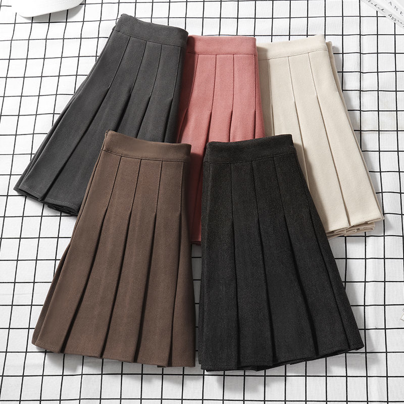Skirts Brown Tweed Pleated Skirt Women's Autumn Winter High Waist A- Line Slimming Skirt Thickened Spring Plus Size Short Pantskirt 230413
