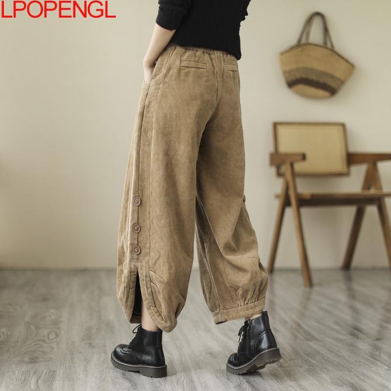 Women's Pants Capris Corduroy Women's Plus Velvet High Waist Autumn And Winter Bloomers Loose Thickening Elastic Waist Ankle-length Pants 23