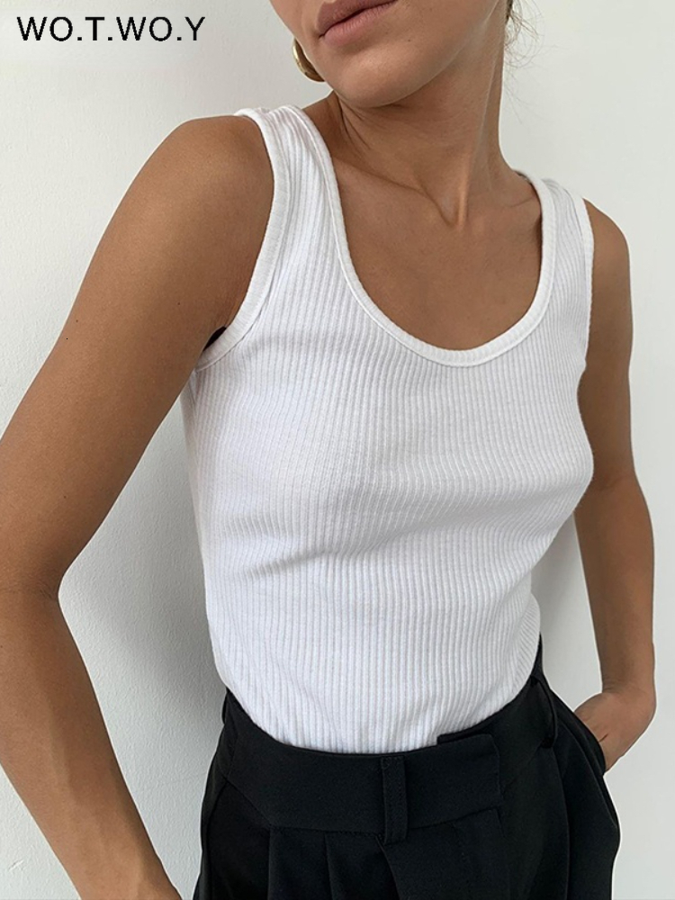 Camisoles Tanks WOTWOY Summer Stretched Knitted Tank Tops Women Sleeveless Solid Casual Tee Shirt Female O-Neck Black White Cropped Tops 230413