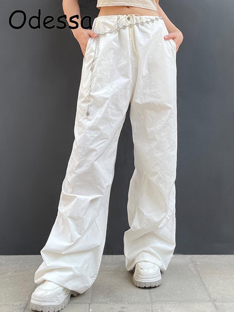 Women's Pants Capris Odessa Casual Wide Leg Streetwear Baggy Trousers Women Fashion Loose Drawstring High Waist Cargo Pants Grey Hippie Joggers P