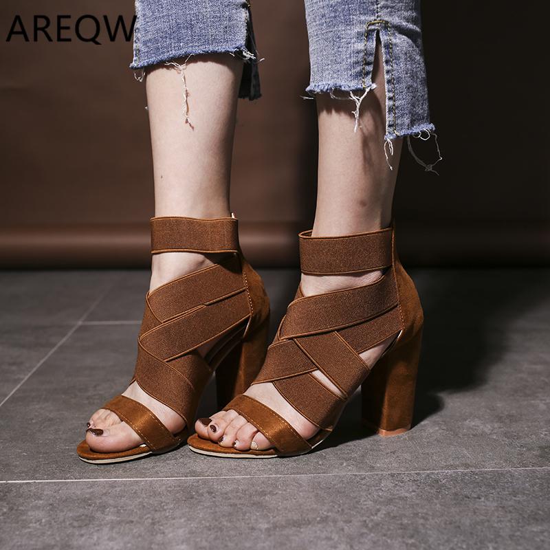 Sandals Women Ankle Lace-Up Black Female Peep Toe High Heels Summer Shoes