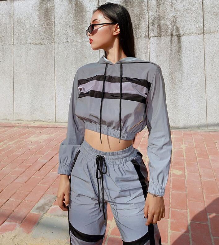 WS162 Women's Two Piece Pants long sleeve hooded Reflective jacket pullover Women's Clothing
