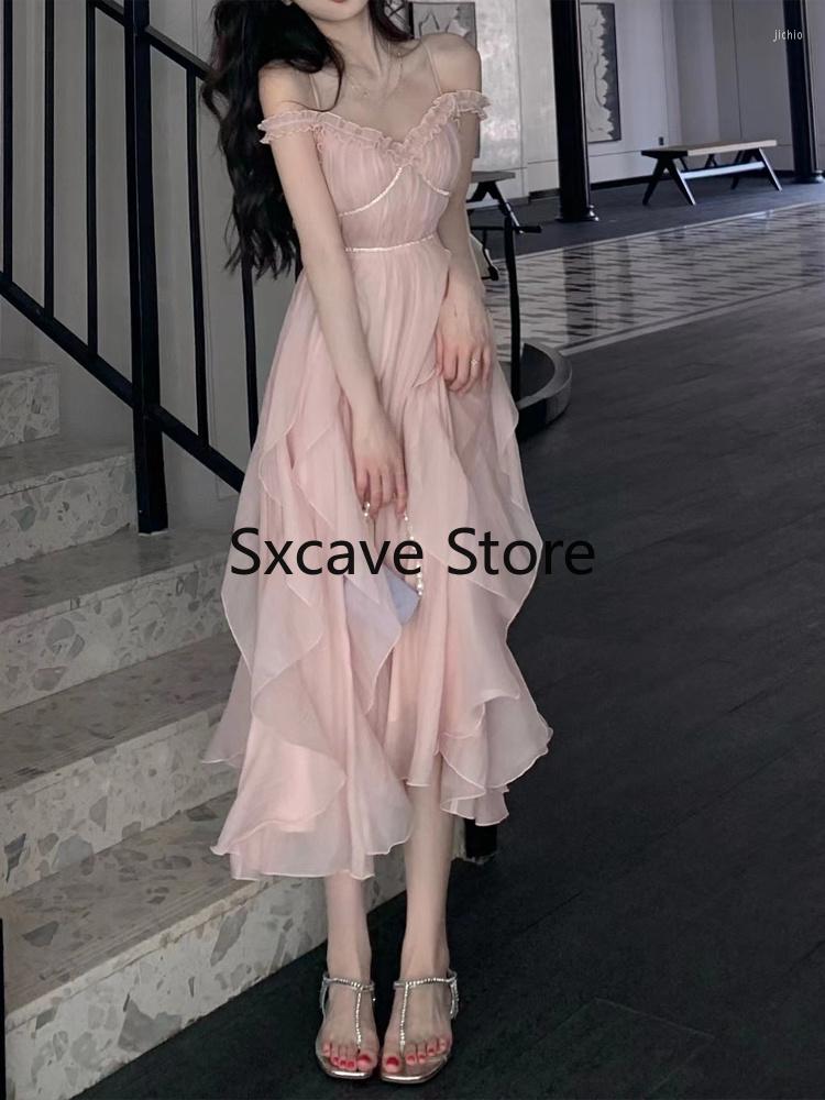 Casual Dresses Pink Midi Dress Women Beach Style Elegant Sexy Strap Party Sweet Fairy One Piece Korean 2023 Summer Chic