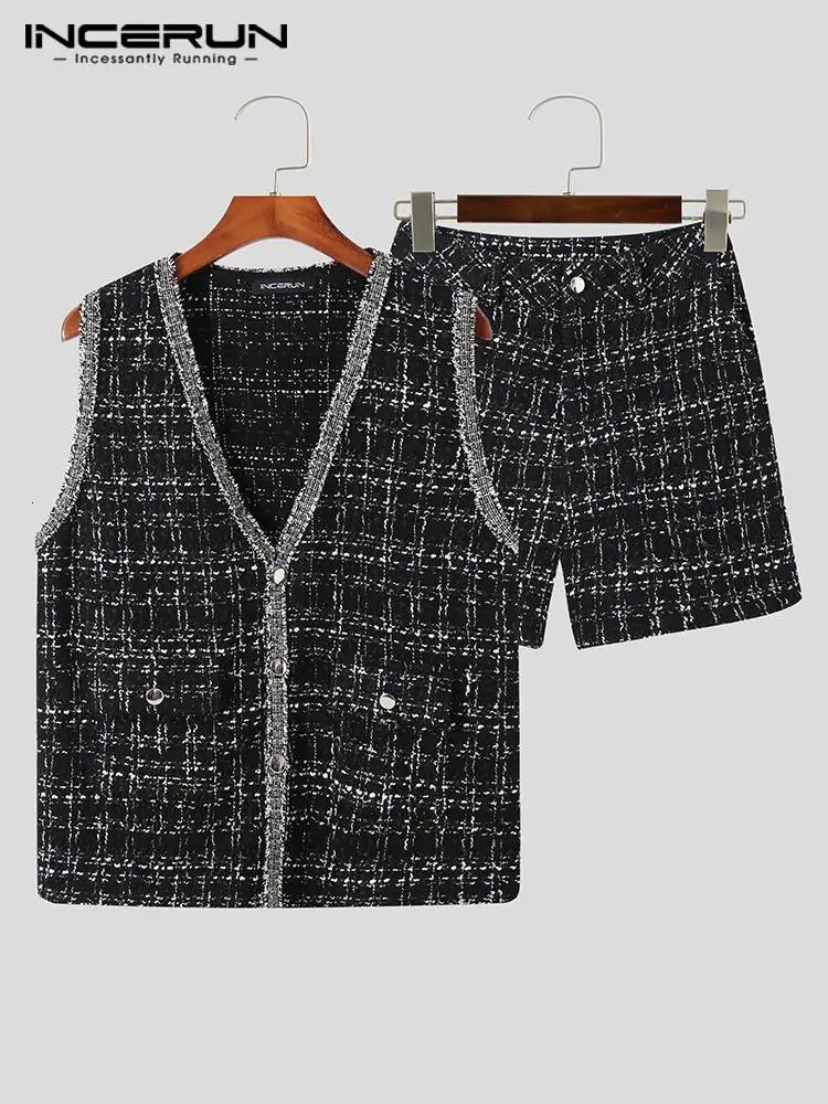 Men s Tracksuits INCERUN Fashion Men Sets Plaid V Neck Sleeveless Button Vests Shorts Two Pieces Streetwear 2023 Casual Suits S 5XL 231113