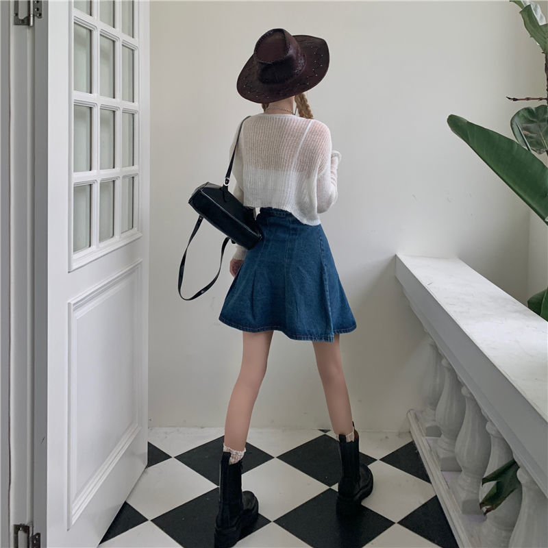 Skirts Cowboy Pleated Skirt Girl Style High Waist Slim Joker Skirt Basic Simple Denim Blue Vintage Women Skirts 230413
