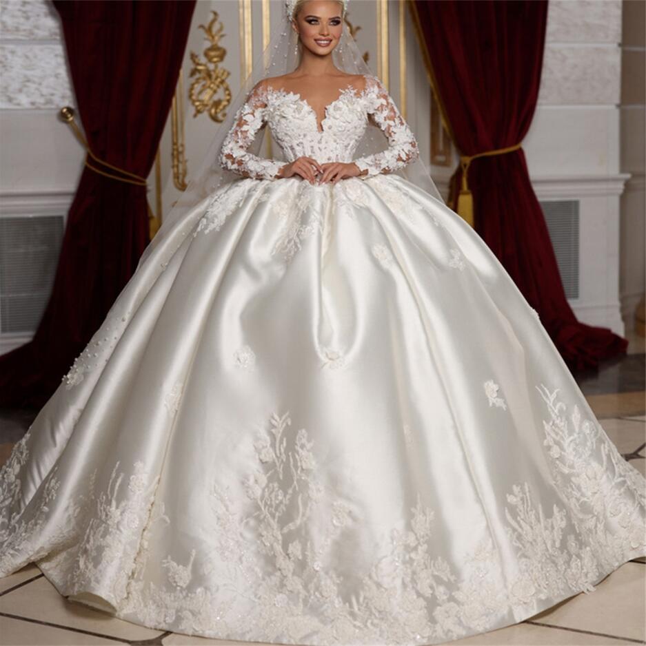 Princess Satin Wedding Dresses Ball Gown Illusion Jewel Neck 3D wers Appliques Mariage Bridal Gowns Long Sleeve Vestido De Noiva 0505
