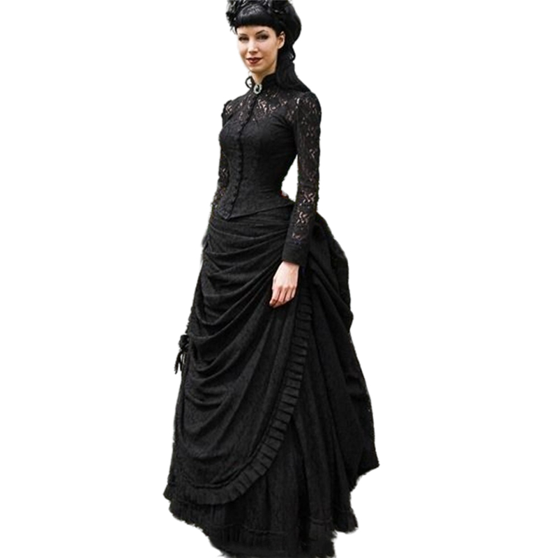 Vintage Victorian Bustle Evening Dresses For Women 2024 Gothic Black Lace Prom Gown High Neck Long Sleeves Ruched Special Occasion Dress Medieval Vest
