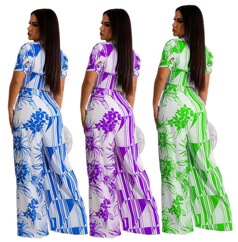 BG460 Women's Two Piece Pants short sleeve print blouse shirt tee Wide leg pants Women's Clothing