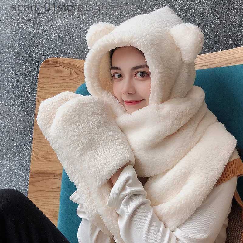 Hats Scarves Sets Lamb Velvet Hat Woman Winter Warm And Cold Hooded Scarf Gs 3-in-1 Sets Female Cute Bear Ear Protection Cotton C With EarsL231111