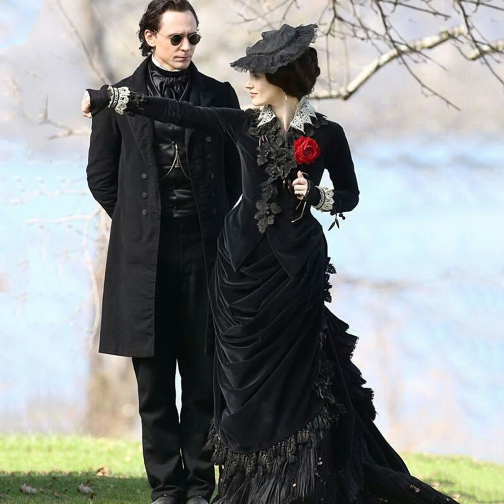 Historical Gothic Black Evening Formal Dresses For Women Long Sleeves Ruched Pleats Tassel Vintage Bustle Velvet Prom Party Gowns Masquerade Dress