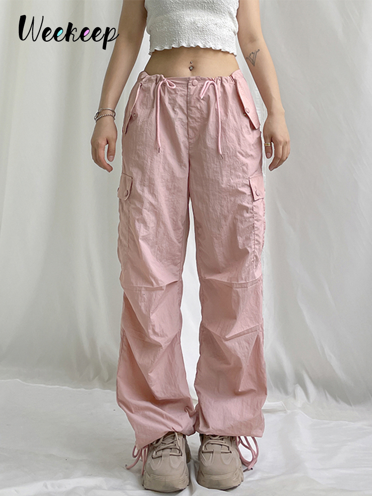 Women's Pants Capris Weekeep Summer Baggy Cargo Pants Low Rise Drawstring Fashion Pocket Casual Pants Kawaii Pink Women's Trousers y2k Aesth