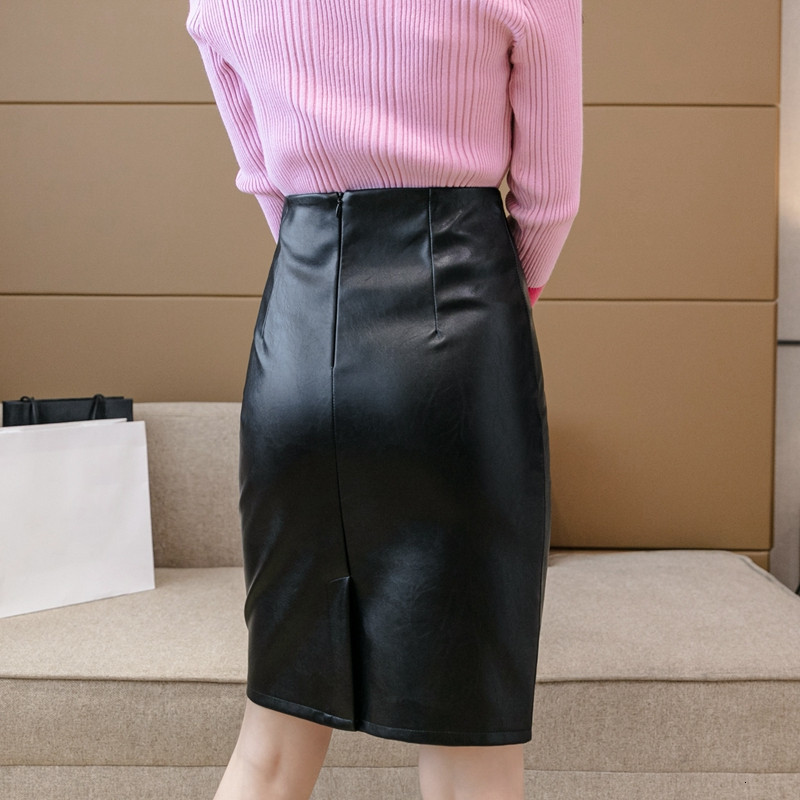 Skirts Sexy Pu Leather Black Skirts Womens Fashion Elegant Winter High Waist Bodycon Skirt Korean Slim Mid Length Pencil Skirt XXL 230413