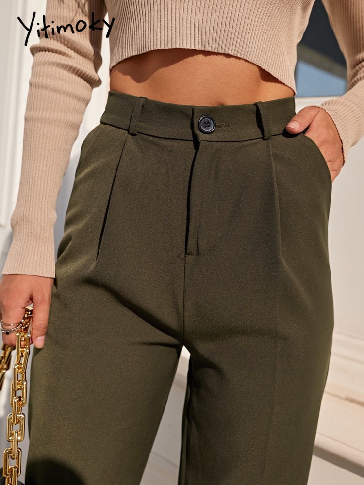 Women's Pants Capris Yitimoky Elegant Straight Pants Women Office Wear Work Pants Vintage Black Khaki Elastic Waist Trousers Spring Summer 230413