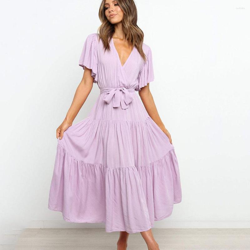Party Dresses Summer Wmen' Pink Stitching Fashion Sexy Deep V Neck Tie Woman Lotus Leaf Short Sleeved Long 2023 Sundress, Black 
Party Dresses Summer Wmen' Pink Stitching Fashion Sexy Deep V Neck Tie Woman Lotus Leaf Short Sleeved Long 2023 Sundress, Black