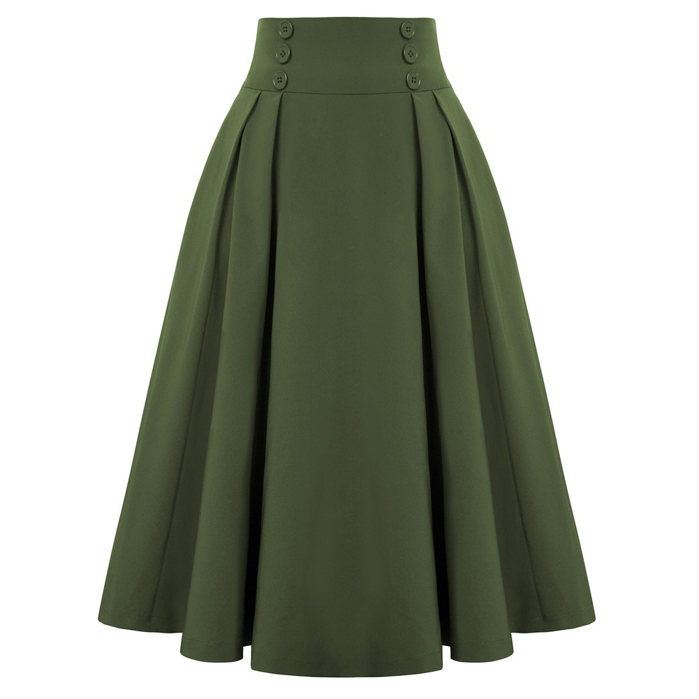 Skirts Belle Poque Women Pleated Swing Skirt Buttons Decorated Elastic Waist High Waist Retro Skirts Steampunk Casual Party Mid-calf 230413