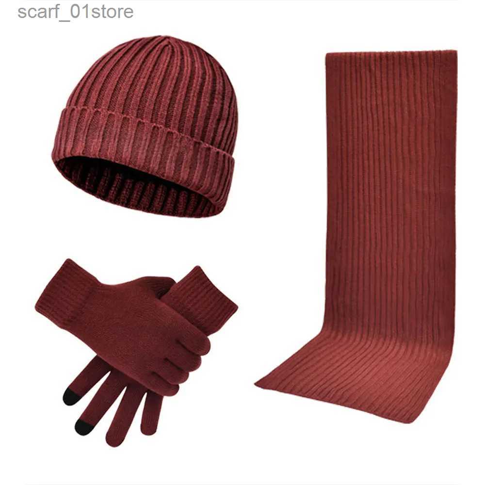 Hats Scarves Sets Autumn Winter Men Women Knitted Thickened Warm Wool HaT Scarf G 3 Piece SetL231113