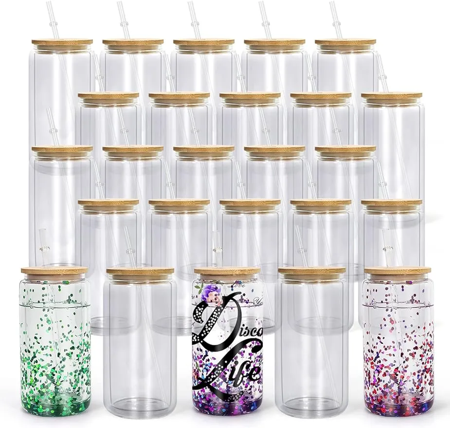 Double wall glass tumbler 16 OZ sublimation glass billet with bamboo lid and straw pre-drilled borosilicate glass beer can snowball glitter 1113