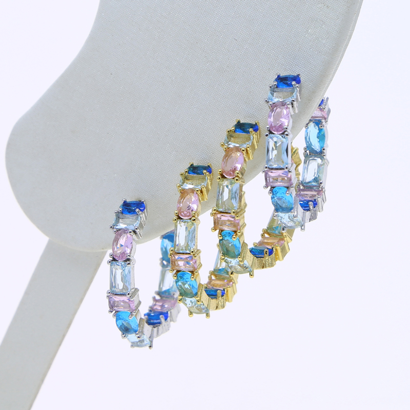 Geometric Zircon Hoop Earrings: Pink & Light Blue Iced Out CZ