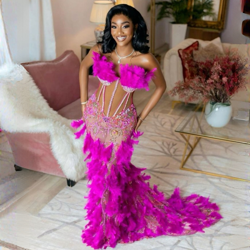 Fuia Colorful Prom Dresses Feather Mermaid Sexy Evening Gowns Tulle Lace Beaded Sequined Crystal Party Engagement Second Reception African Style