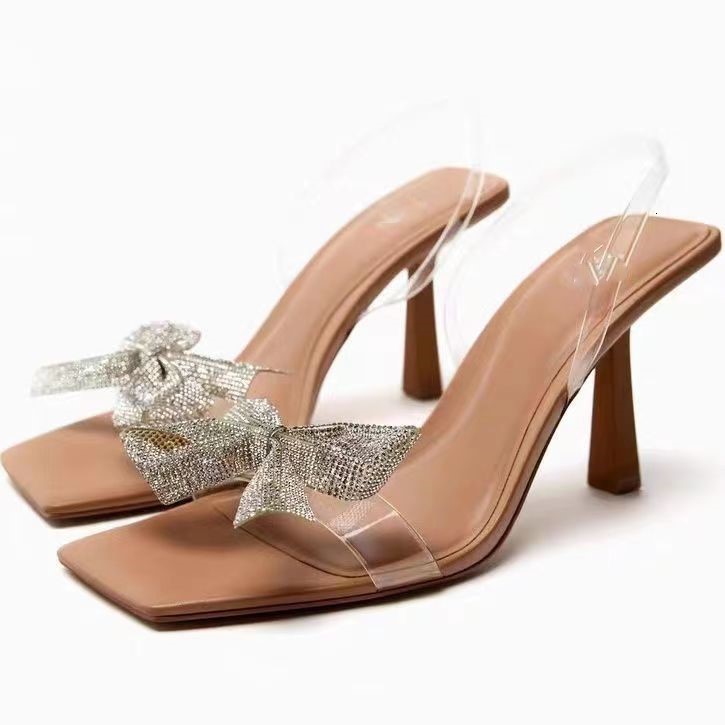 Sandals 2023 Summer Transparent PVC Fashion High Heels Slim Sandals Bow Ties External Slippers Square Headed Women's Shoes