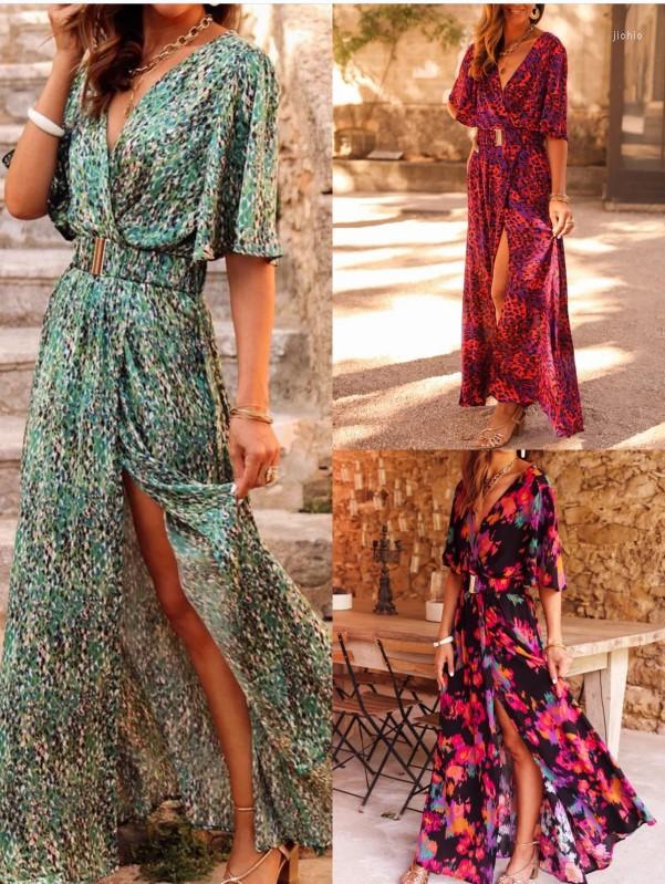 Casual Dresses Womens Dress 2024 Spring And Summer V-Neck Trendy Print Slim Waist Mid-Length Skirt Temperament See-Through