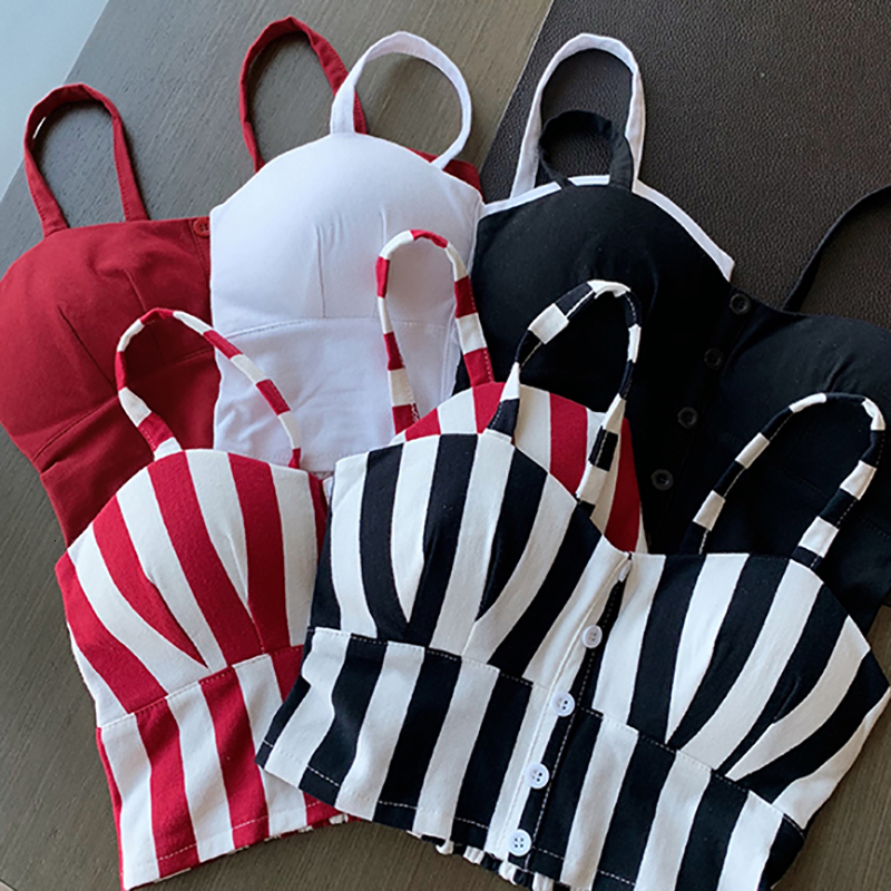 Camisoles Tanks Striped Crop Tops Women Camis Halter Top Woman Camisole Summer Sexy Club Sleeveless Slim Low Chest Button Womens Clothing 230413