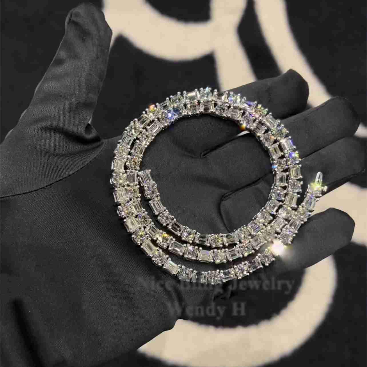 Real 925 Sterling Silver 5mm Moissanite Tennis Chain f Color Vvs Baguette/emerald Diamond Necklace A