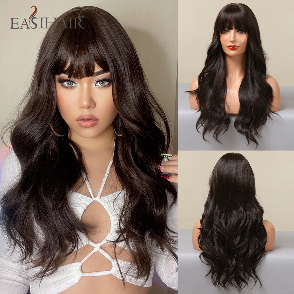 

Cosplay Wigs EASIHAIR Long Brown Black Wavy Synthetic Wigs with Bang Natural Wave Hair Wig for Black Women Daily Cosplay Heat Resistant Fiber 230413, Wig lc257-1