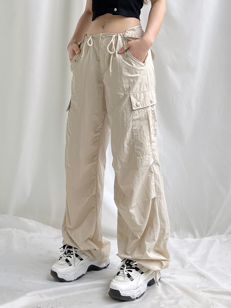 Women's Pants Capris Weekeep Summer Baggy Cargo Pants Low Rise Drawstring Fashion Pocket Casual Pants Kawaii Pink Women's Trousers y2k Aesth