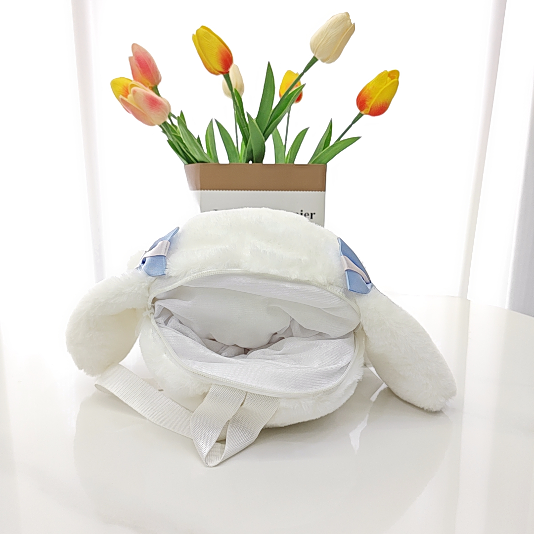 Fashion Cute Blue White Big Ear Plush Backpack with Bow Girl Cute Soft Accessories Zipper Bag Girls Birthday Gift