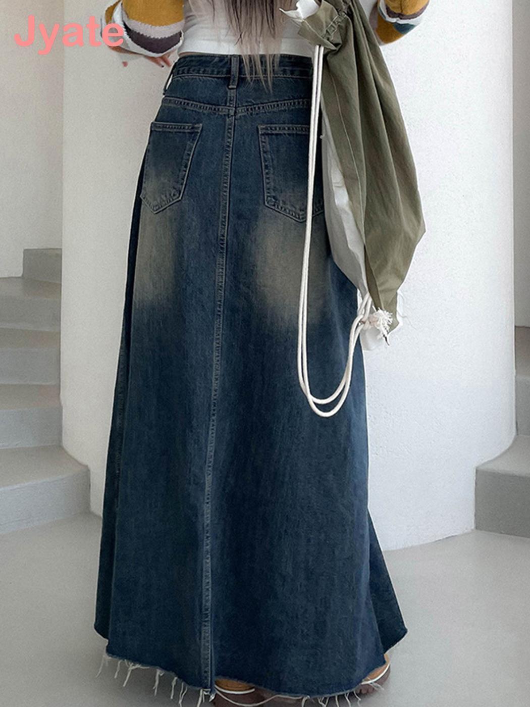 Vintage Skirts Jyate Maxi Denim Women Y2k Grunge Streetwear Pockets Chic Long Female Casual Harajuku Aesthetic Faldas 2
