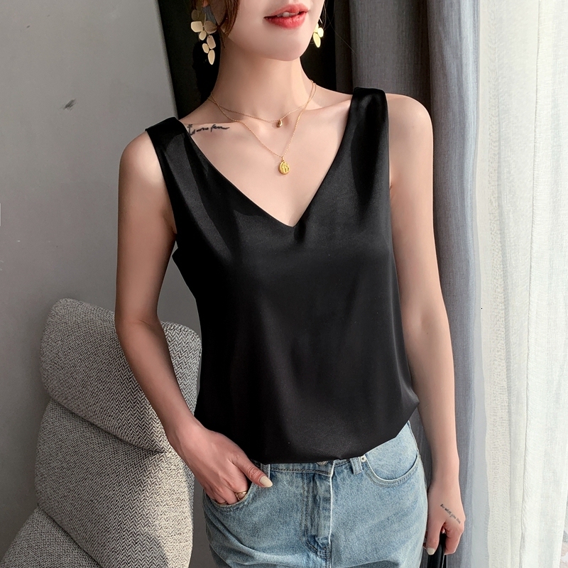 Camisoles Tanks Ladies Silk Suspenders Solid Satin Vest Spring Autumn Wild Pullover Tops Women Interior Front/Rear V-Neck Summer Thin 230413