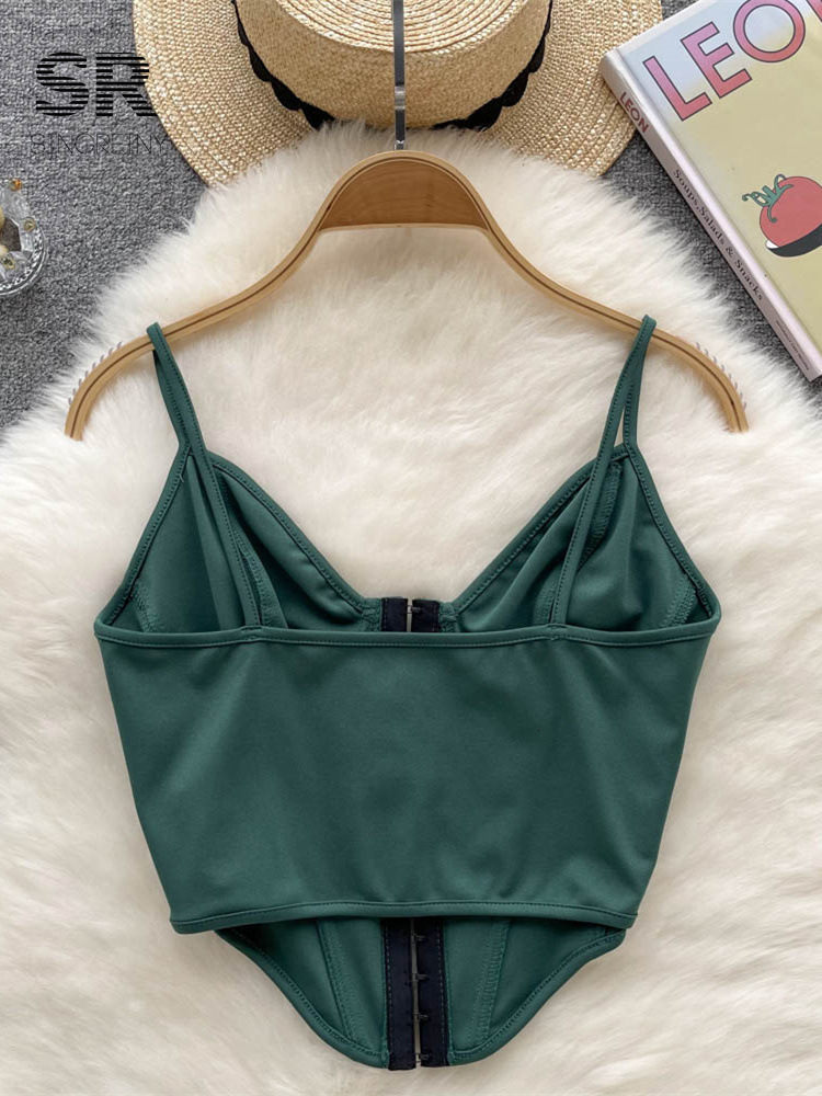Camisoles Tanks SINGREINY Backless Zipper String Women Camisole Green Elastic Vacation Solid V Neck Fashion Ladies Slim Sexy Y2K Tank Top 230413
