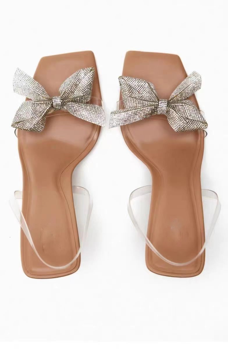 Sandals 2023 Summer Transparent PVC Fashion High Heels Slim Sandals Bow Ties External Slippers Square Headed Women's Shoes