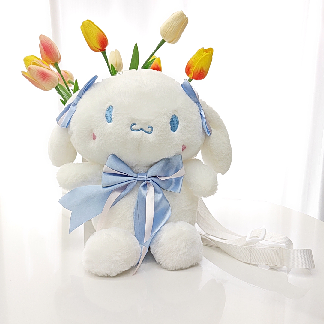 Fashion Cute Blue White Big Ear Plush Backpack with Bow Girl Cute Soft Accessories Zipper Bag Girls Birthday Gift