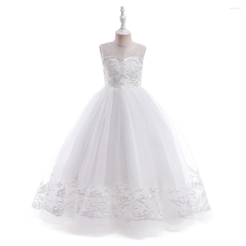 Girl Dresses Sleeveless Party Dress Long Evening Kids Birthday Formal Wear White Flower Bridesmaid Wedding Gowns, Lp-299-white